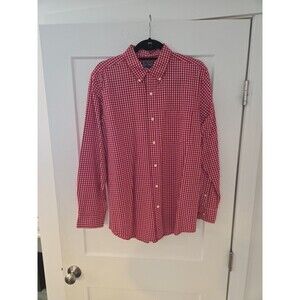#162 Chaps Mens M Red/White Plaid Long Sleeve Button Down Shirt Easy Care